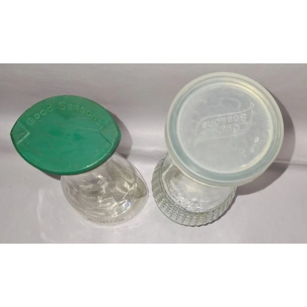 2 Vintage Good Seasons Glass Salad Dressing Measuring Cruets Green / White Lids